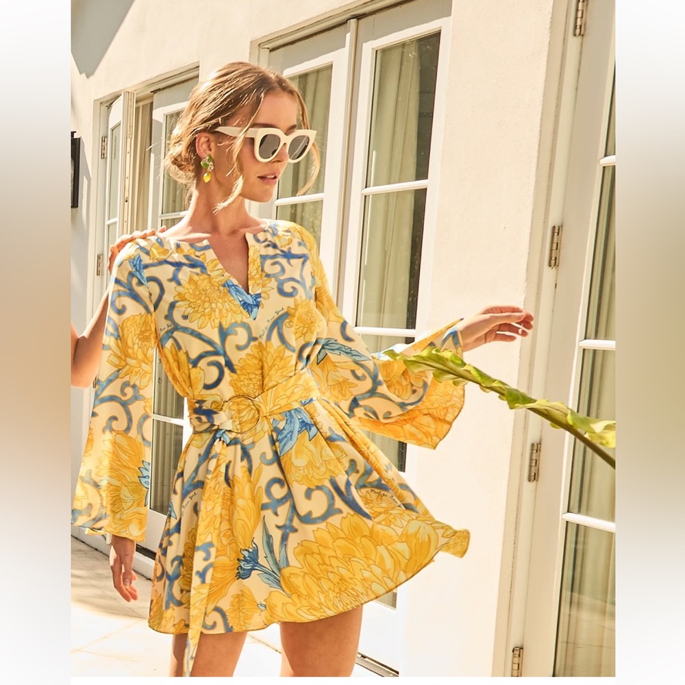 Yellow Floral Bell-Sleeve Mini Dress